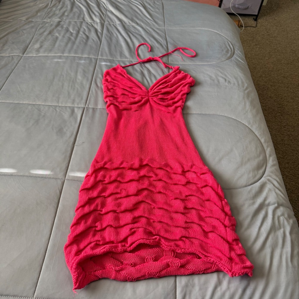 Unbranded Knit Halter Dress Women Small Pink Good Y2K Ruffle Butterfly Bodice - Picture 2 of 6